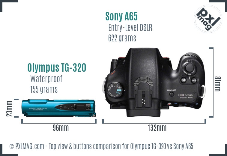 Olympus TG-320 vs Sony A65 top view buttons comparison