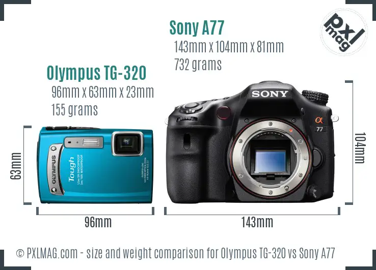 Olympus TG-320 vs Sony A77 size comparison