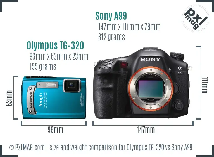 Olympus TG-320 vs Sony A99 size comparison