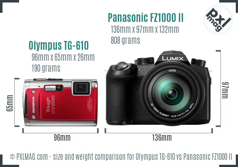 Olympus TG-610 vs Panasonic FZ1000 II size comparison
