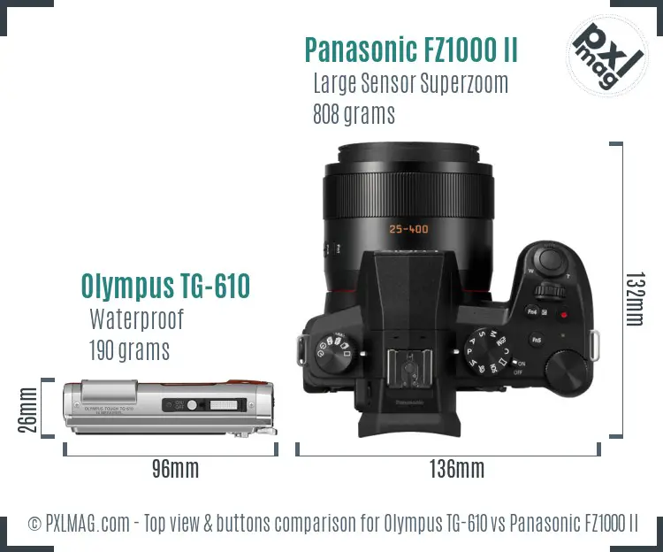Olympus TG-610 vs Panasonic FZ1000 II top view buttons comparison