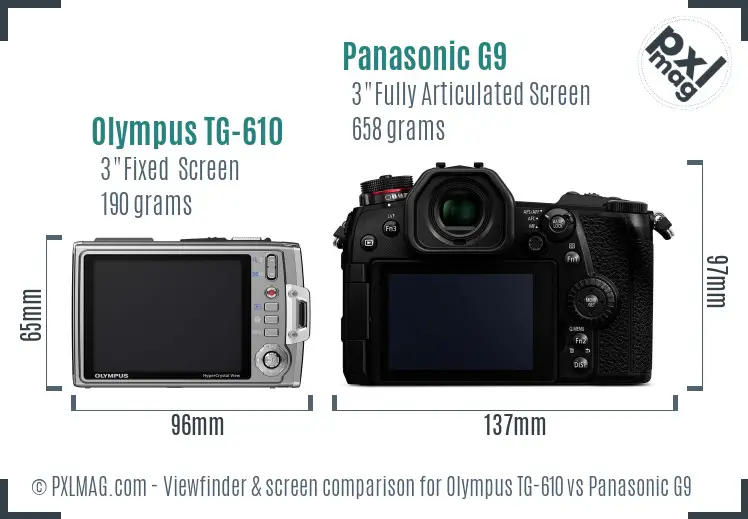 Olympus TG-610 vs Panasonic G9 Screen and Viewfinder comparison