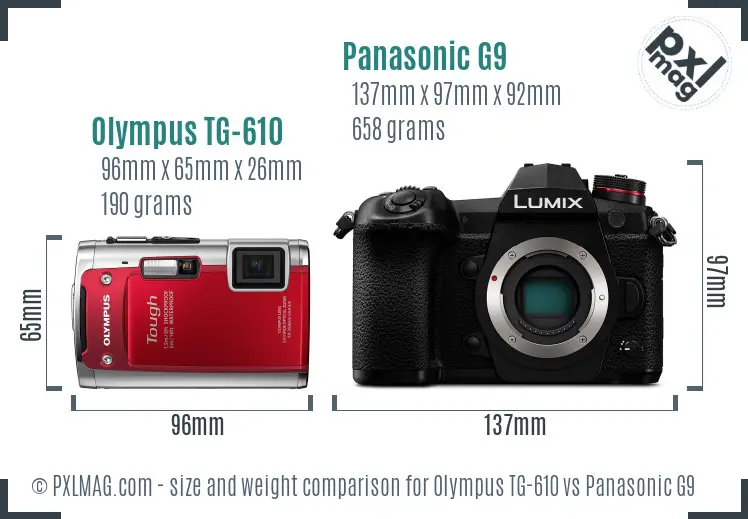 Olympus TG-610 vs Panasonic G9 size comparison
