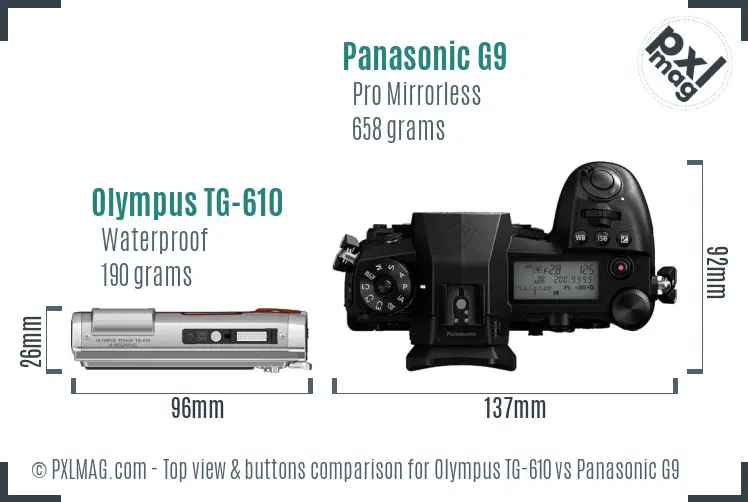 Olympus TG-610 vs Panasonic G9 top view buttons comparison