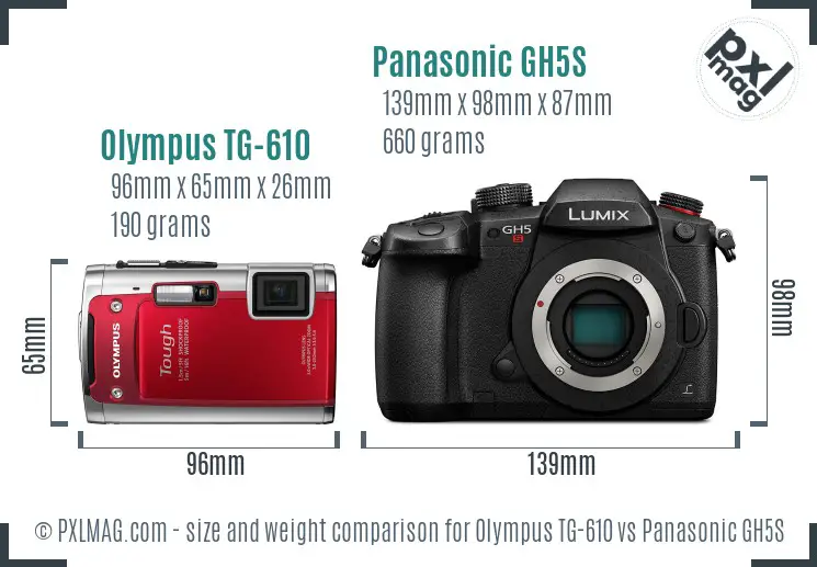 Olympus TG-610 vs Panasonic GH5S size comparison