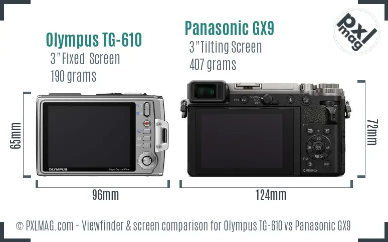 Olympus TG-610 vs Panasonic GX9 Screen and Viewfinder comparison