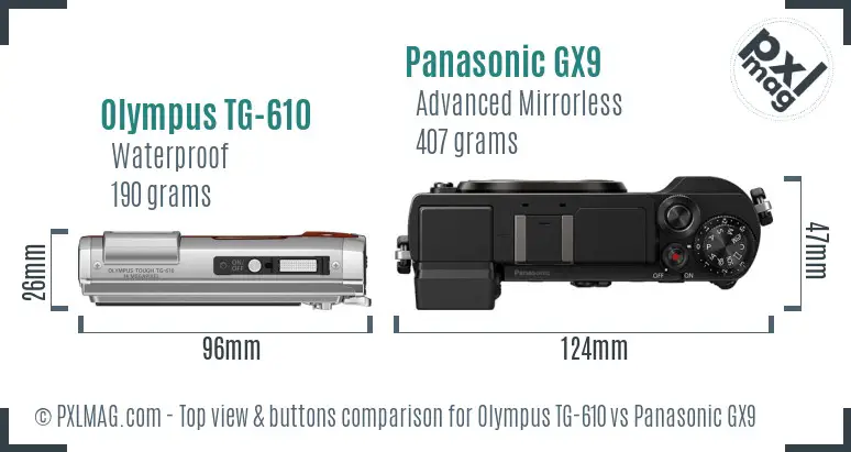 Olympus TG-610 vs Panasonic GX9 top view buttons comparison
