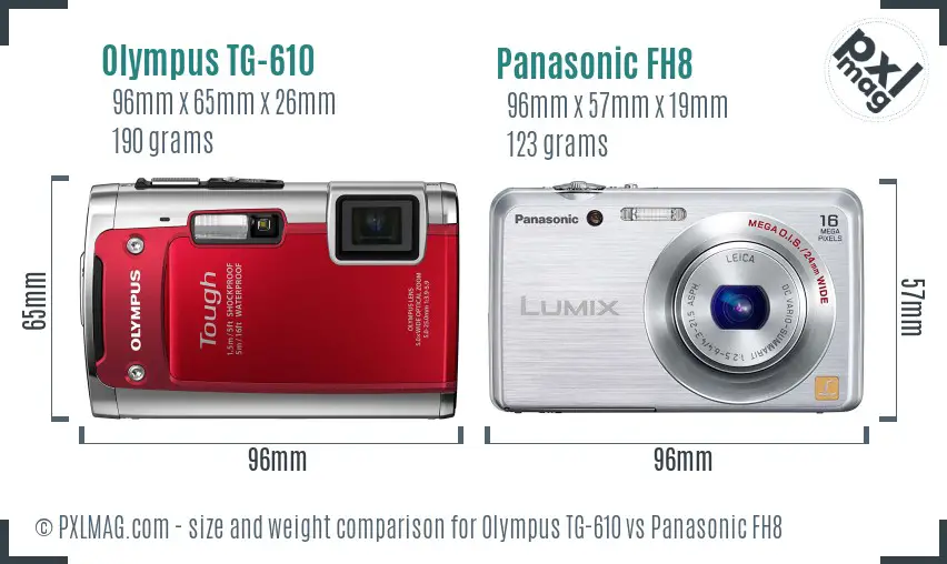 Olympus TG-610 vs Panasonic FH8 size comparison