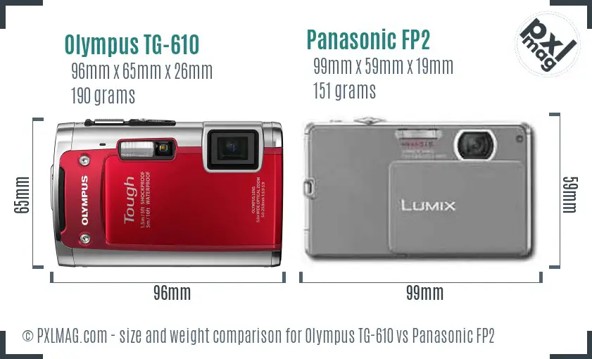 Olympus TG-610 vs Panasonic FP2 size comparison