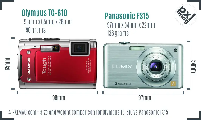 Olympus TG-610 vs Panasonic FS15 size comparison