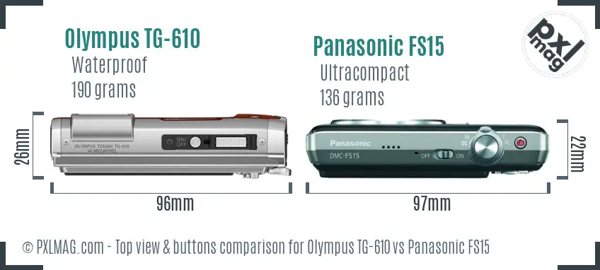 Olympus TG-610 vs Panasonic FS15 top view buttons comparison