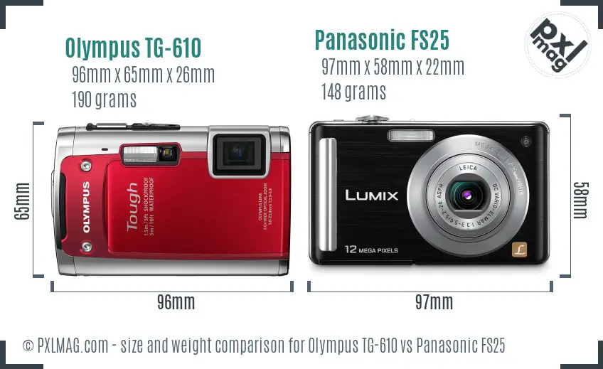 Olympus TG-610 vs Panasonic FS25 size comparison