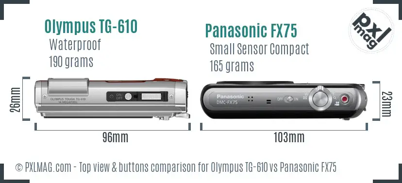 Olympus TG-610 vs Panasonic FX75 top view buttons comparison Olympus TG-610 vs Panasonic FX75 top view buttons comparison