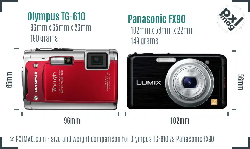 Olympus TG-610 vs Panasonic FX90 size comparison