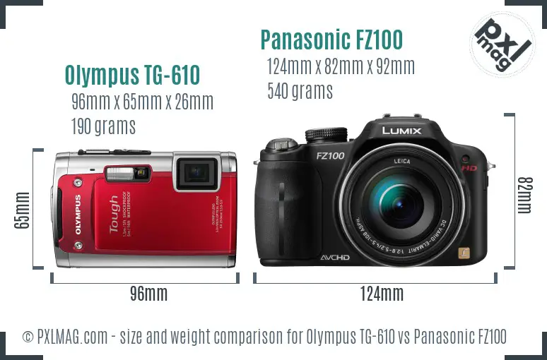 Olympus TG-610 vs Panasonic FZ100 size comparison Olympus TG-610 vs Panasonic FZ100 size comparison