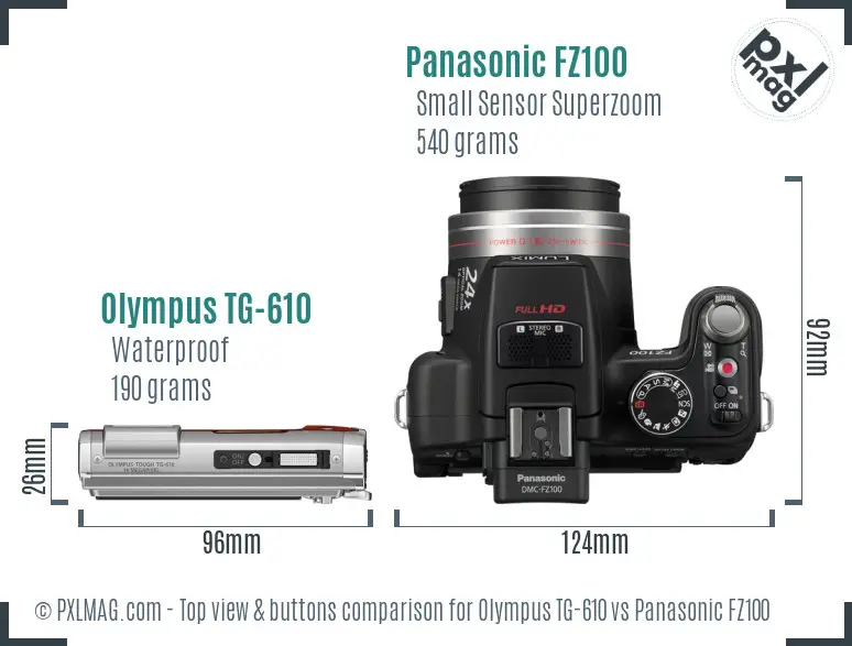 Olympus TG-610 vs Panasonic FZ100 top view buttons comparison Olympus TG-610 vs Panasonic FZ100 top view buttons comparison