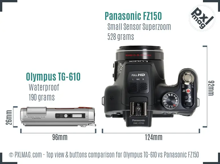Olympus TG-610 vs Panasonic FZ150 top view buttons comparison Olympus TG-610 vs Panasonic FZ150 top view buttons comparison