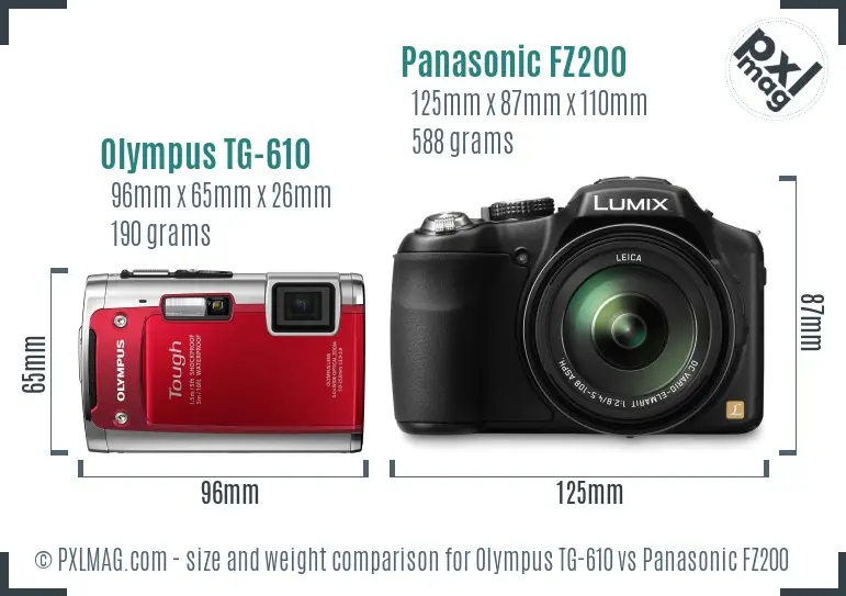 Olympus TG-610 vs Panasonic FZ200 size comparison Olympus TG-610 vs Panasonic FZ200 size comparison