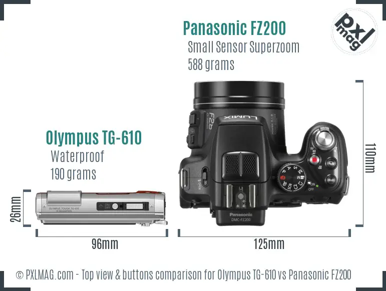 Olympus TG-610 vs Panasonic FZ200 top view buttons comparison Olympus TG-610 vs Panasonic FZ200 top view buttons comparison