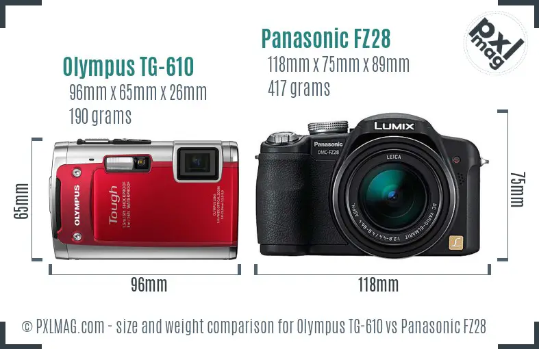 Olympus TG-610 vs Panasonic FZ28 size comparison Olympus TG-610 vs Panasonic FZ28 size comparison
