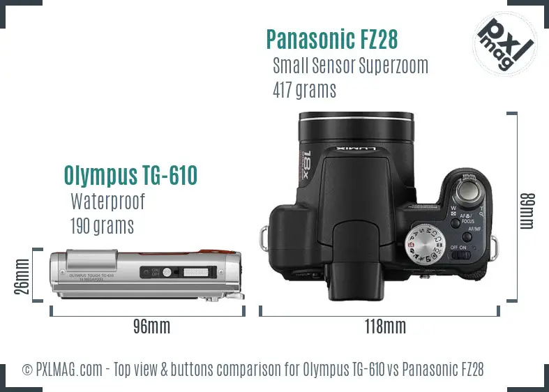 Olympus TG-610 vs Panasonic FZ28 top view buttons comparison Olympus TG-610 vs Panasonic FZ28 top view buttons comparison