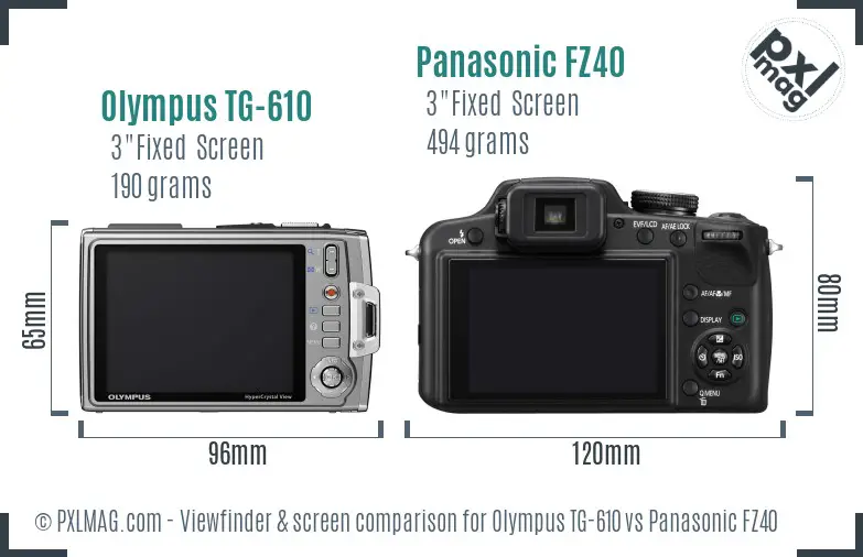 Olympus TG-610 vs Panasonic FZ40 Screen and Viewfinder comparison