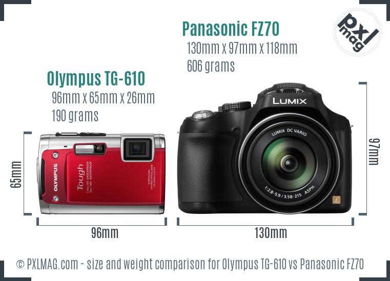 Olympus TG-610 vs Panasonic FZ70 size comparison