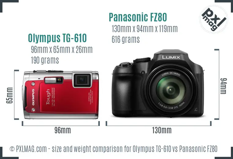 Olympus TG-610 vs Panasonic FZ80 size comparison Olympus TG-610 vs Panasonic FZ80 size comparison