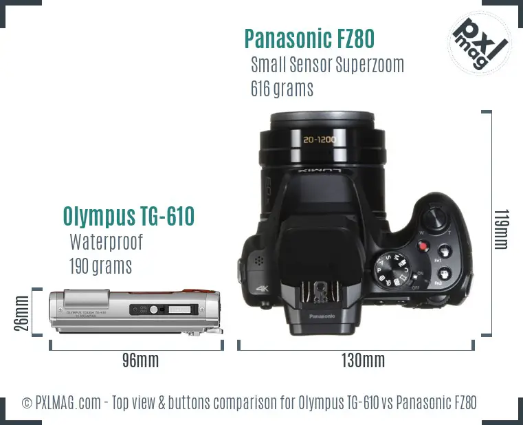 Olympus TG-610 vs Panasonic FZ80 top view buttons comparison Olympus TG-610 vs Panasonic FZ80 top view buttons comparison