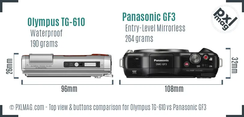 Olympus TG-610 vs Panasonic GF3 top view buttons comparison Olympus TG-610 vs Panasonic GF3 top view buttons comparison