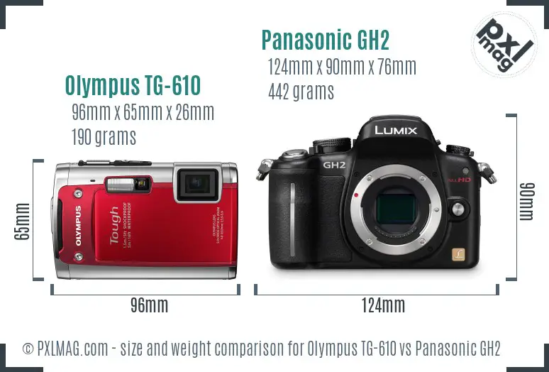 Olympus TG-610 vs Panasonic GH2 size comparison