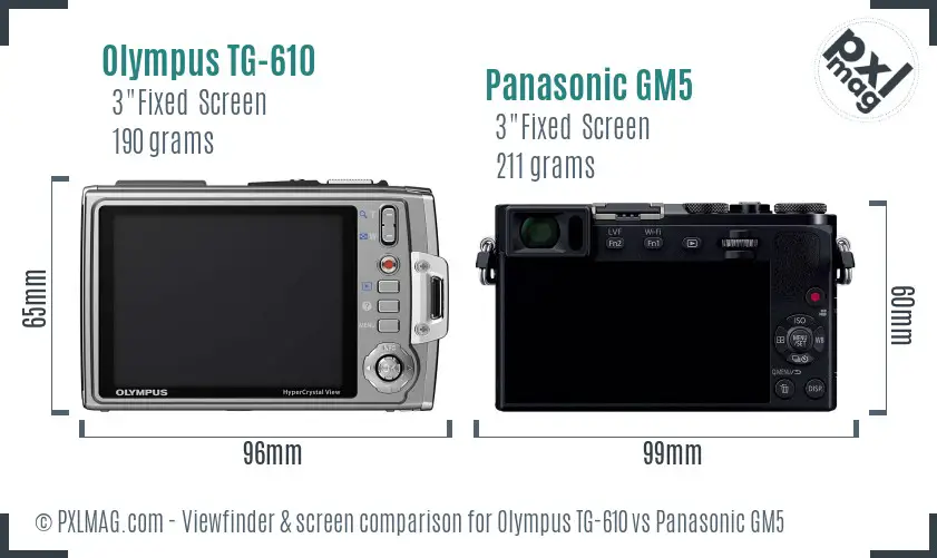 Olympus TG-610 vs Panasonic GM5 Screen and Viewfinder comparison