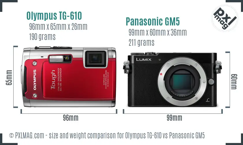 Olympus TG-610 vs Panasonic GM5 size comparison