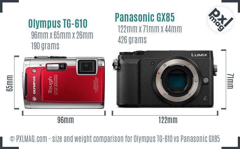 Olympus TG-610 vs Panasonic GX85 size comparison
