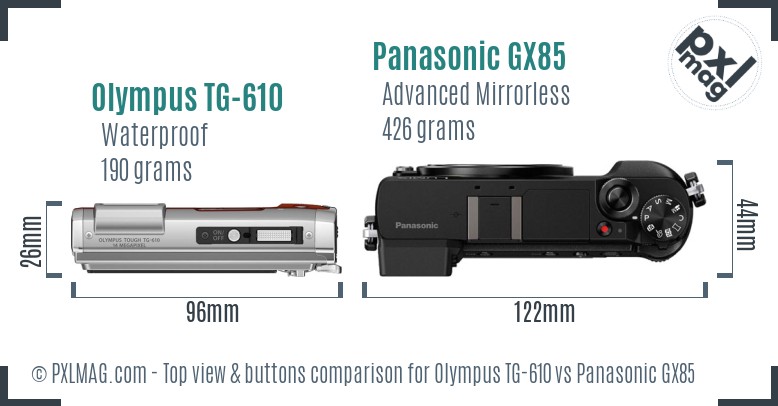 Olympus TG-610 vs Panasonic GX85 top view buttons comparison