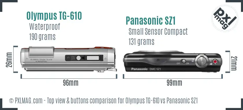 Olympus TG-610 vs Panasonic SZ1 top view buttons comparison Olympus TG-610 vs Panasonic SZ1 top view buttons comparison
