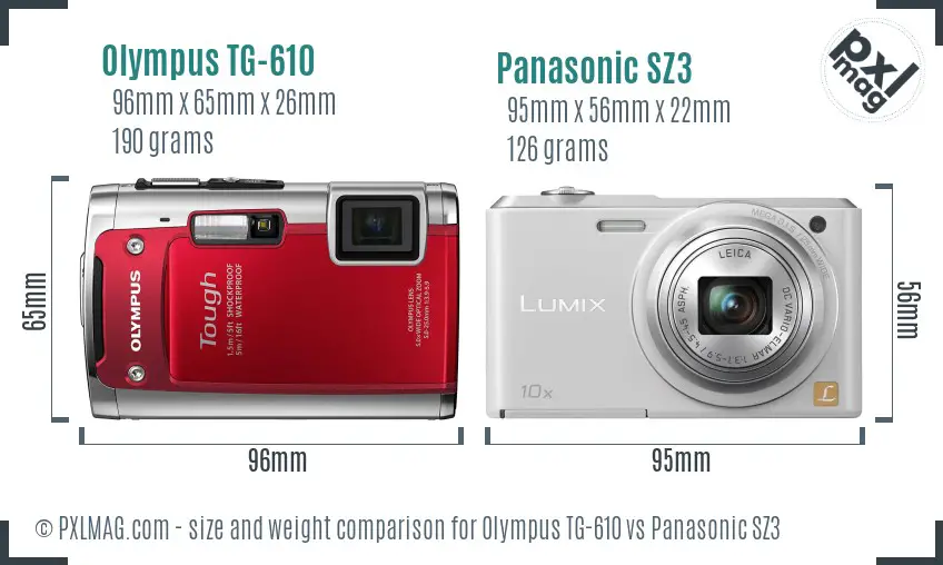 Olympus TG-610 vs Panasonic SZ3 size comparison