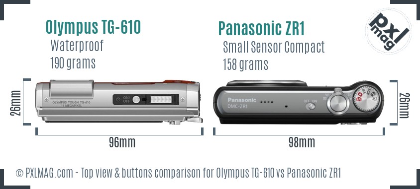 Olympus TG-610 vs Panasonic ZR1 top view buttons comparison