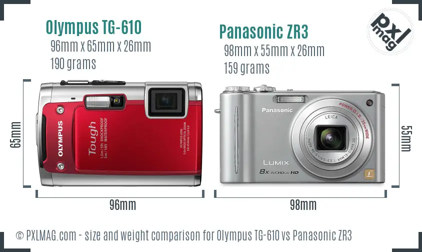 Olympus TG-610 vs Panasonic ZR3 size comparison