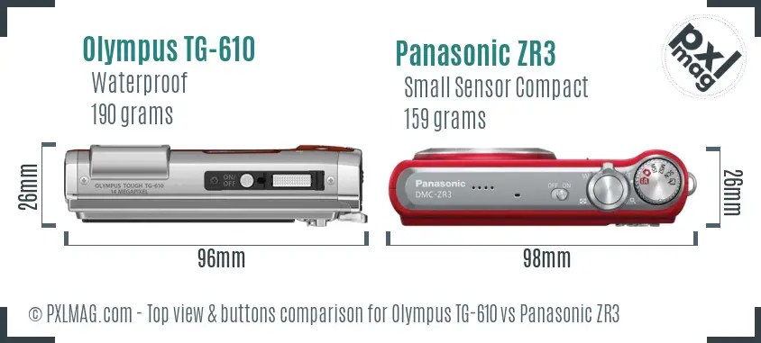 Olympus TG-610 vs Panasonic ZR3 top view buttons comparison