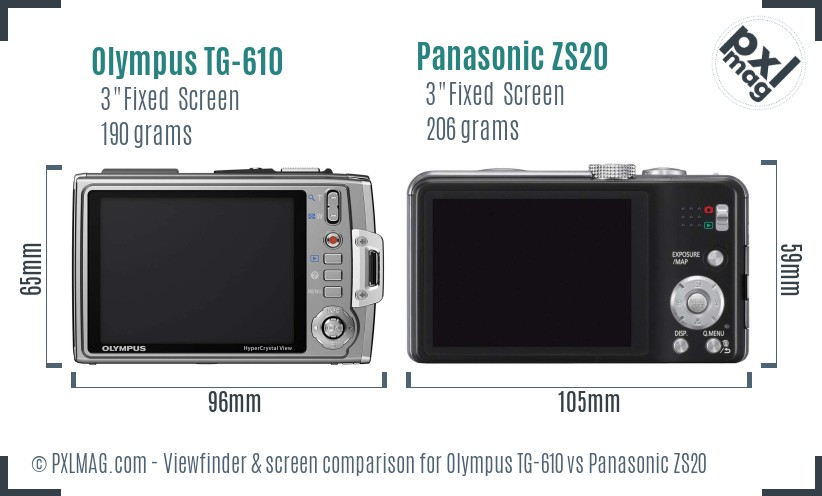 Olympus TG-610 vs Panasonic ZS20 Screen and Viewfinder comparison