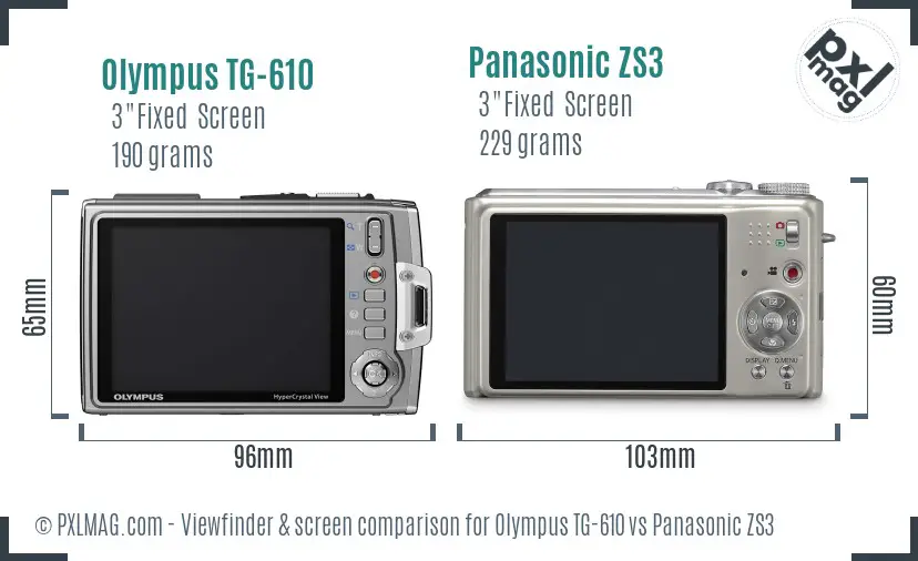 Olympus TG-610 vs Panasonic ZS3 Screen and Viewfinder comparison