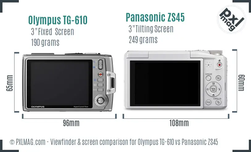 Olympus TG-610 vs Panasonic ZS45 Screen and Viewfinder comparison