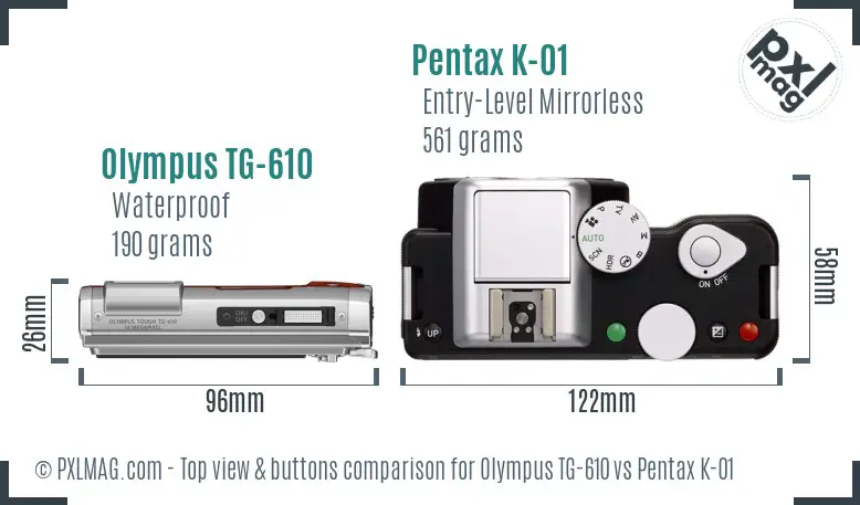 Olympus TG-610 vs Pentax K-01 top view buttons comparison