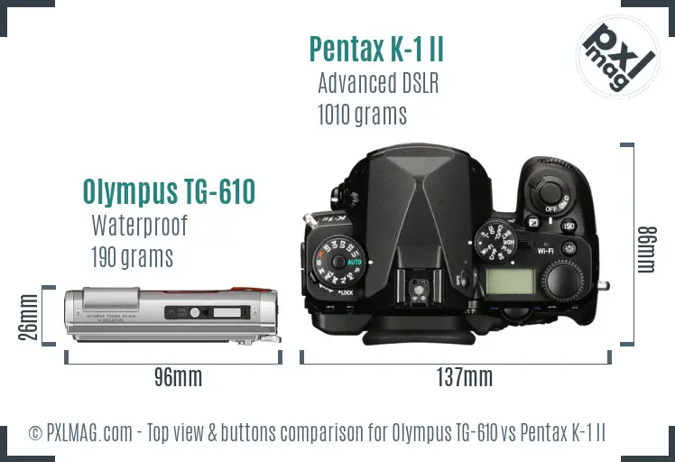 Olympus TG-610 vs Pentax K-1 II top view buttons comparison