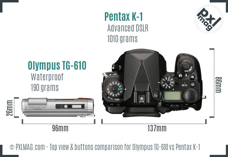 Olympus TG-610 vs Pentax K-1 top view buttons comparison