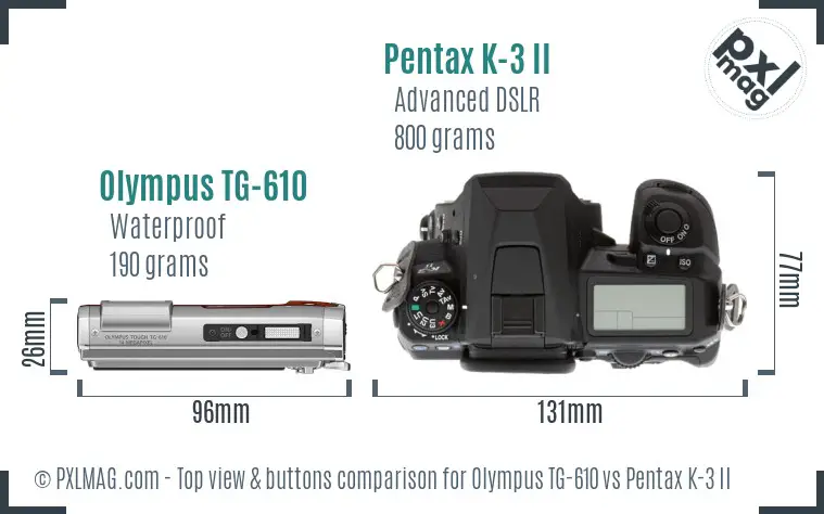 Olympus TG-610 vs Pentax K-3 II top view buttons comparison