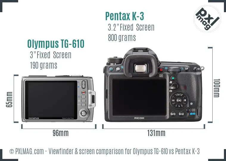 Olympus TG-610 vs Pentax K-3 Screen and Viewfinder comparison