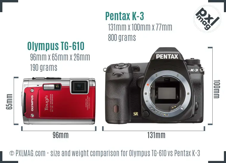 Olympus TG-610 vs Pentax K-3 size comparison