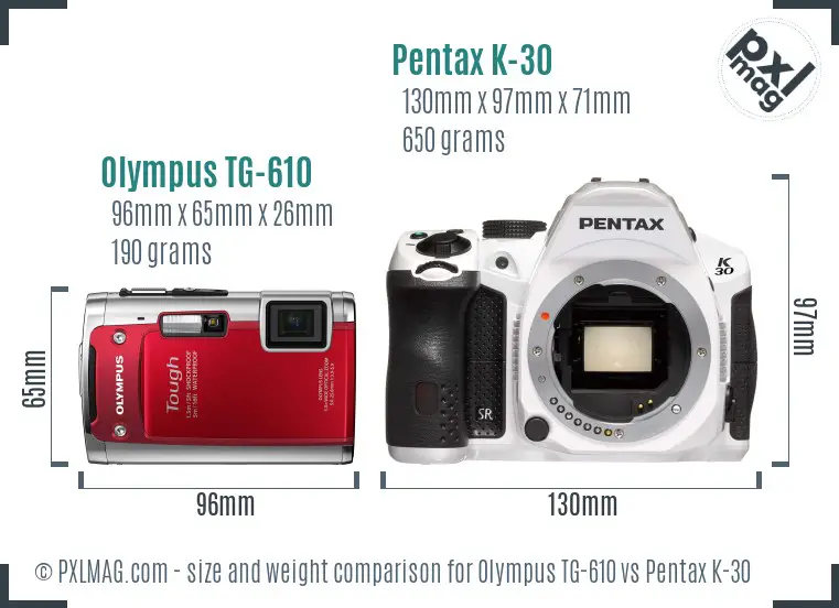 Olympus TG-610 vs Pentax K-30 size comparison